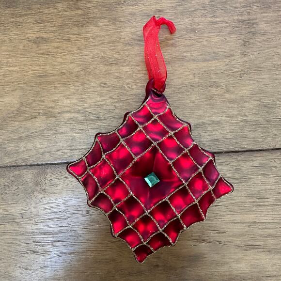 Set of 2 Traditional Red Quilted Glass Christmas Ornaments 5” x 5” Jewel Accent - Picture 8 of 9
